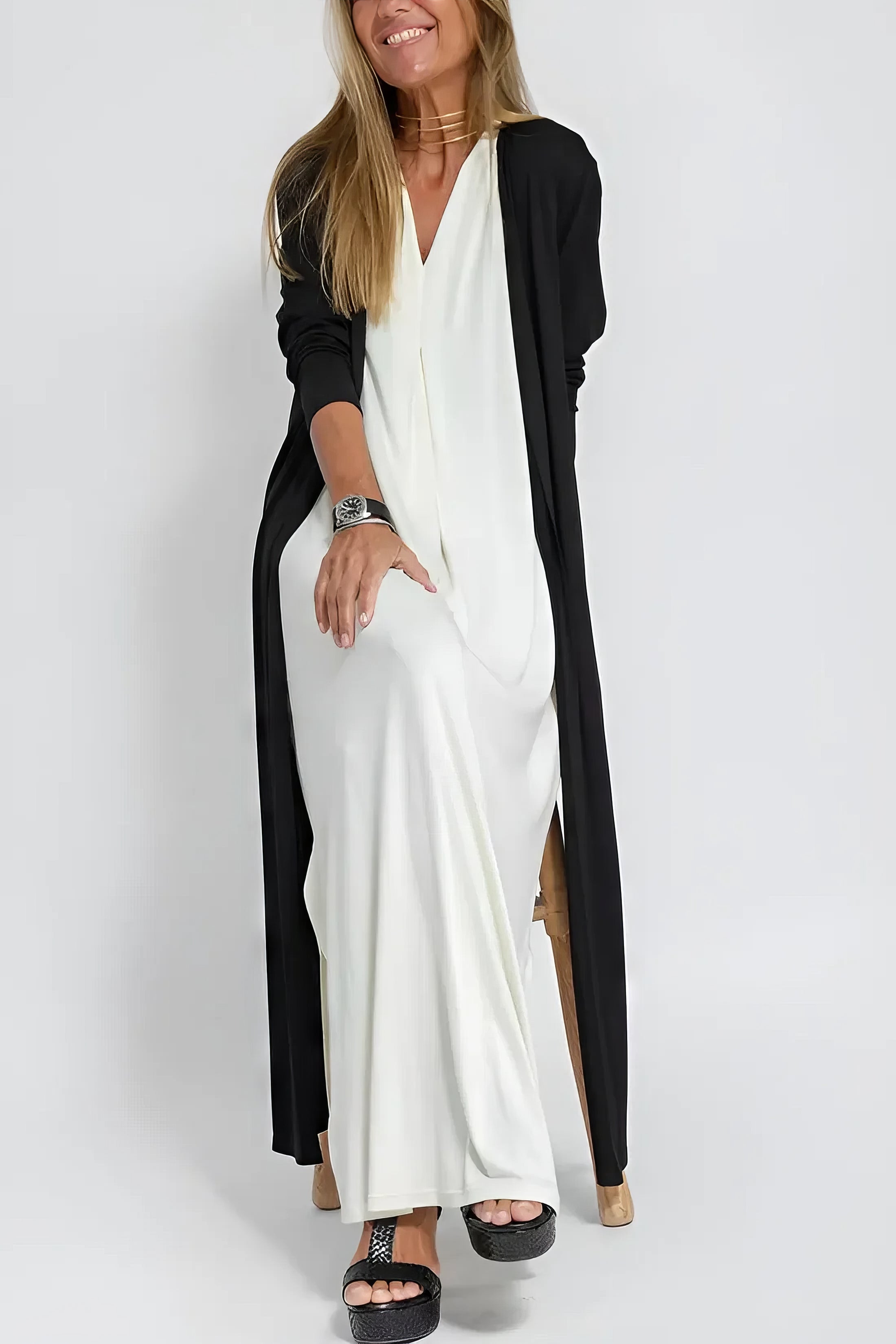 Elvora™ | Elegant Lang Kjole med Matchende Cardigan Tilbudt