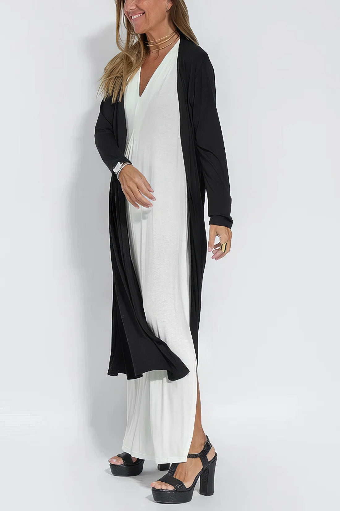 Elvora™ | Elegant Lang Kjole med Matchende Cardigan Tilbudt