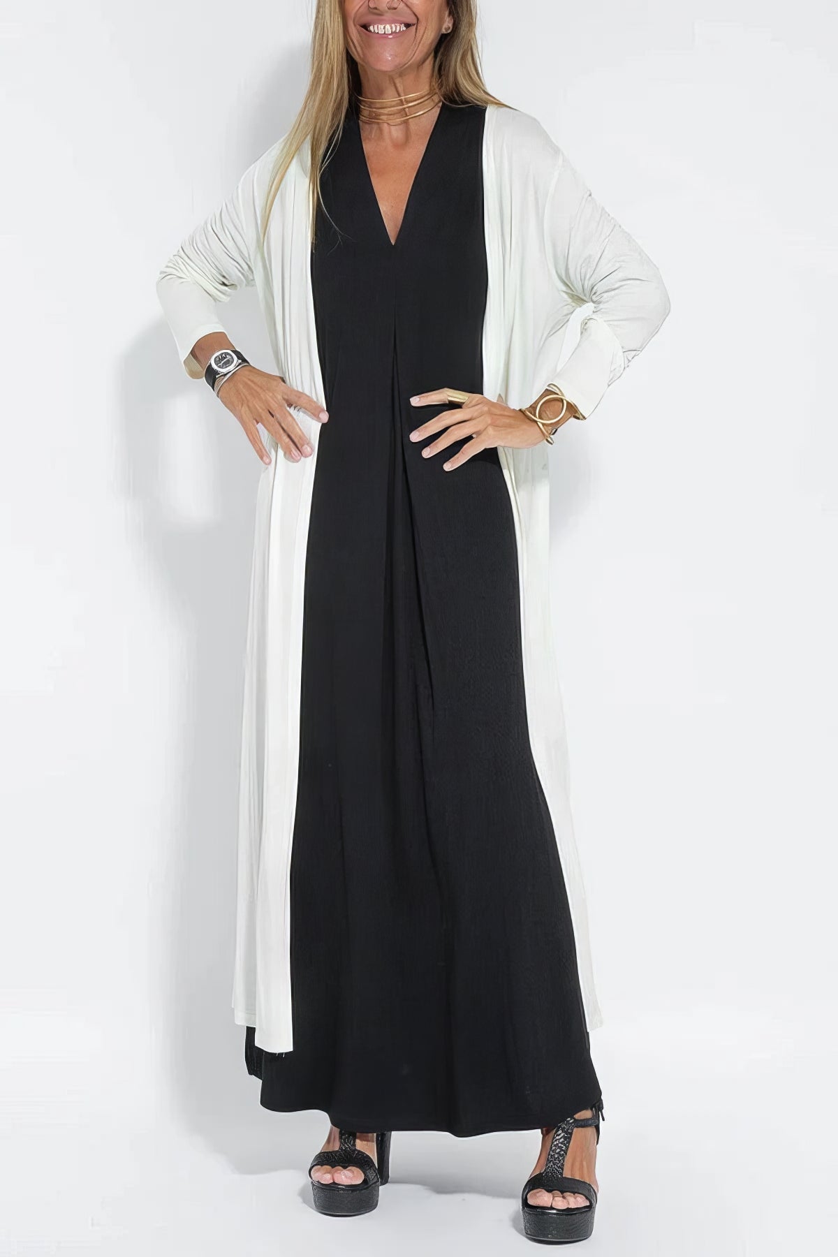 Elvora™ | Elegant Lang Kjole med Matchende Cardigan Tilbudt