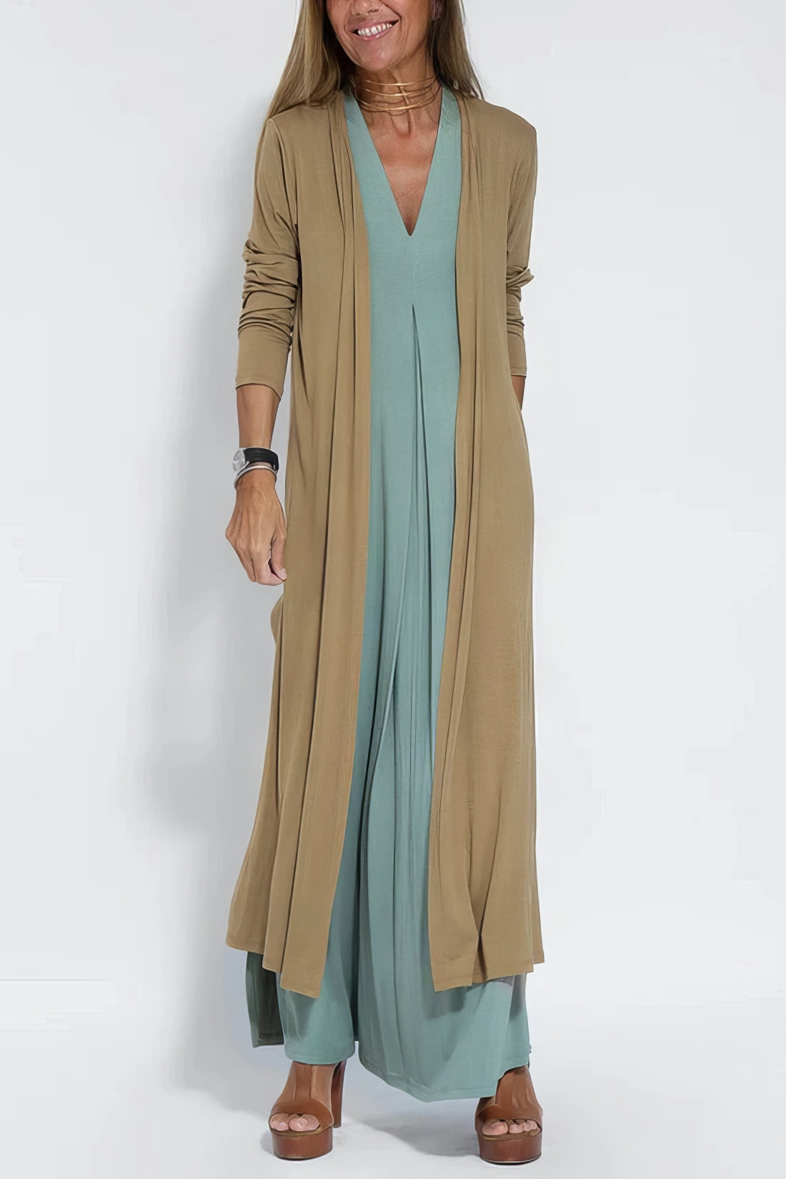 Elvora™ | Elegant Lang Kjole med Matchende Cardigan Tilbudt